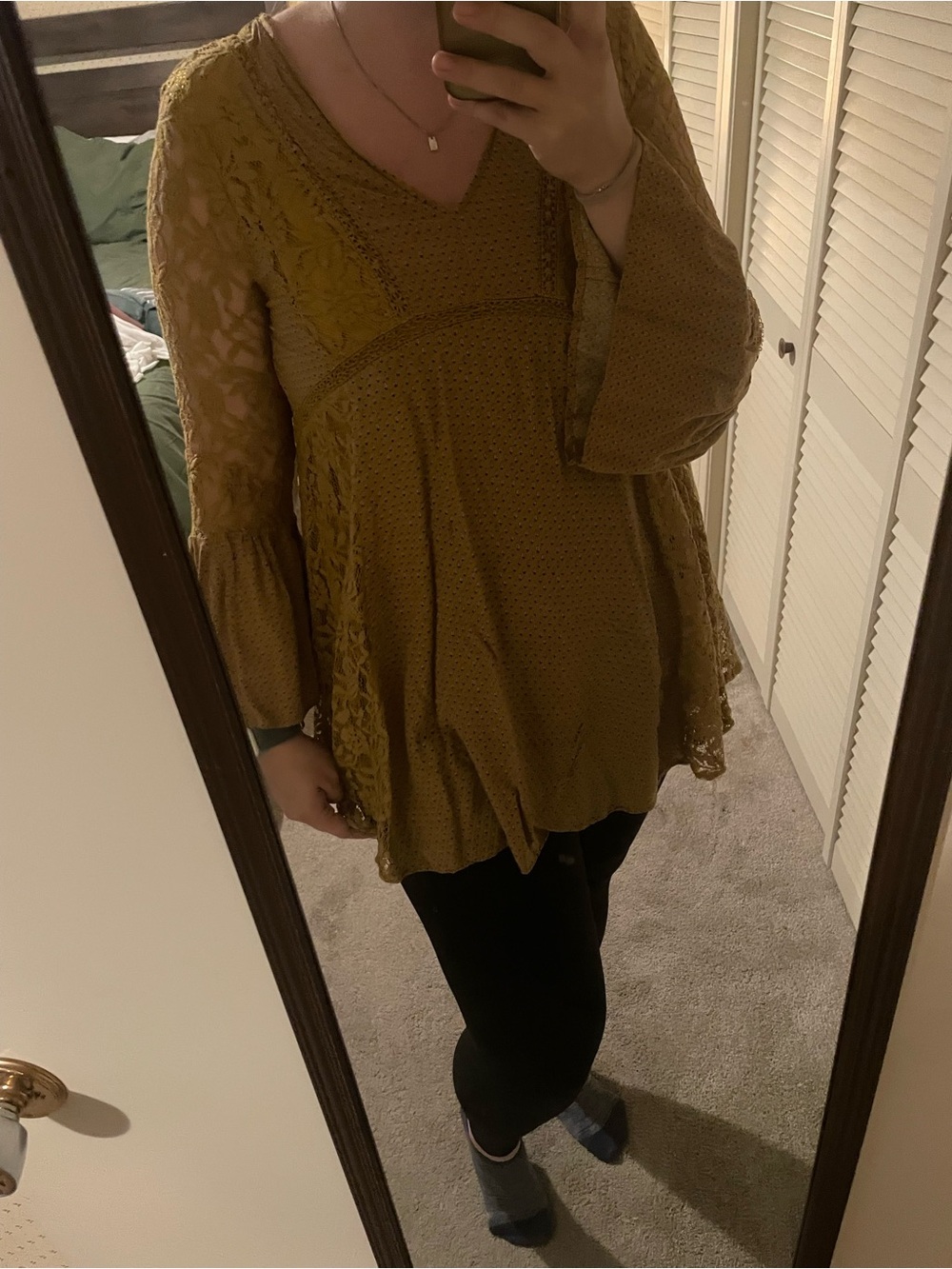 Women's Lace-Trim V-Neck Tunic Top in Mustard